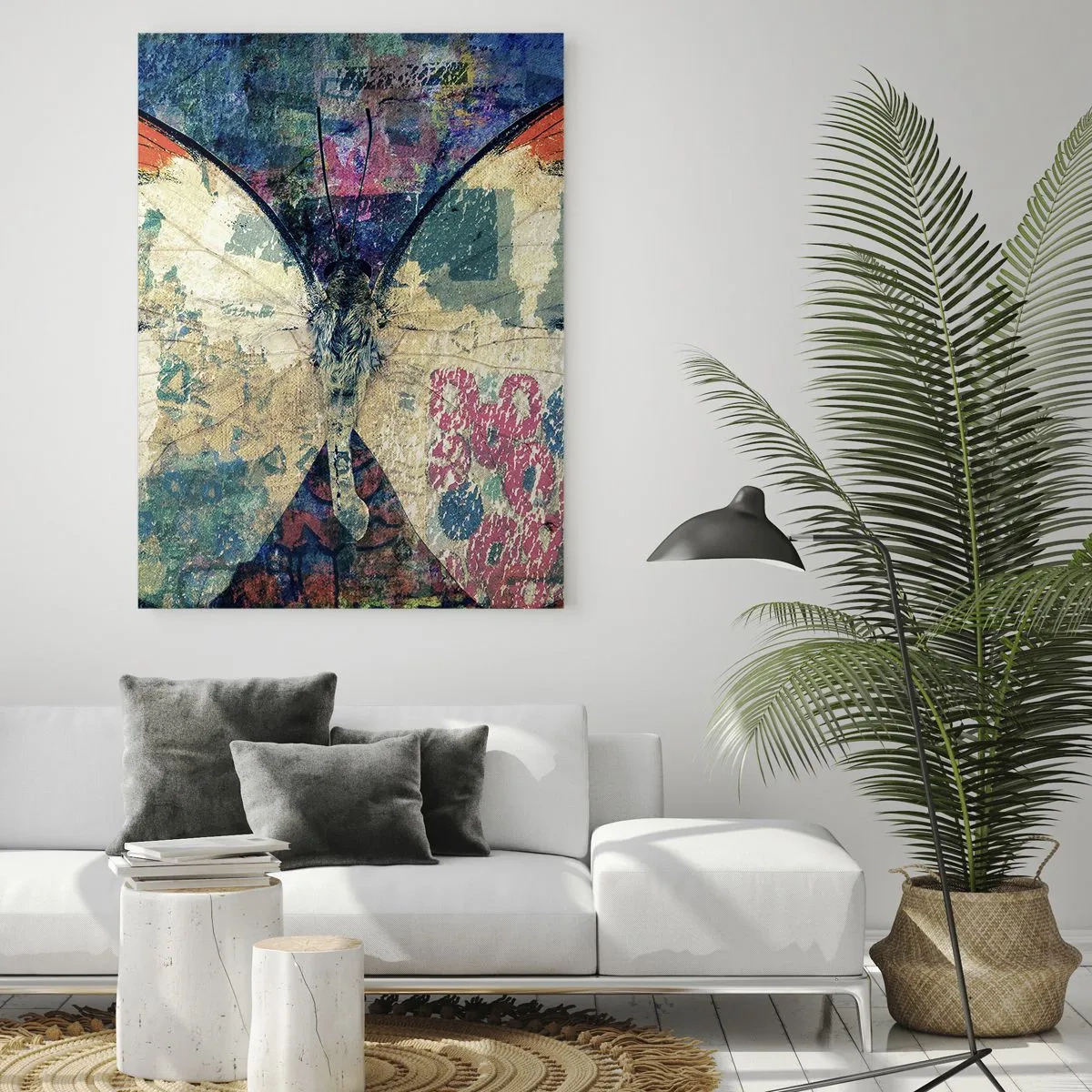 Impression sur verre - Image sur verre - Papillon sur un fond artistique abstrait avec des détails colorés - 80x120cm - Fragilité subtile - Décoration murale moderne pour le salon et la chambre ARTTOR