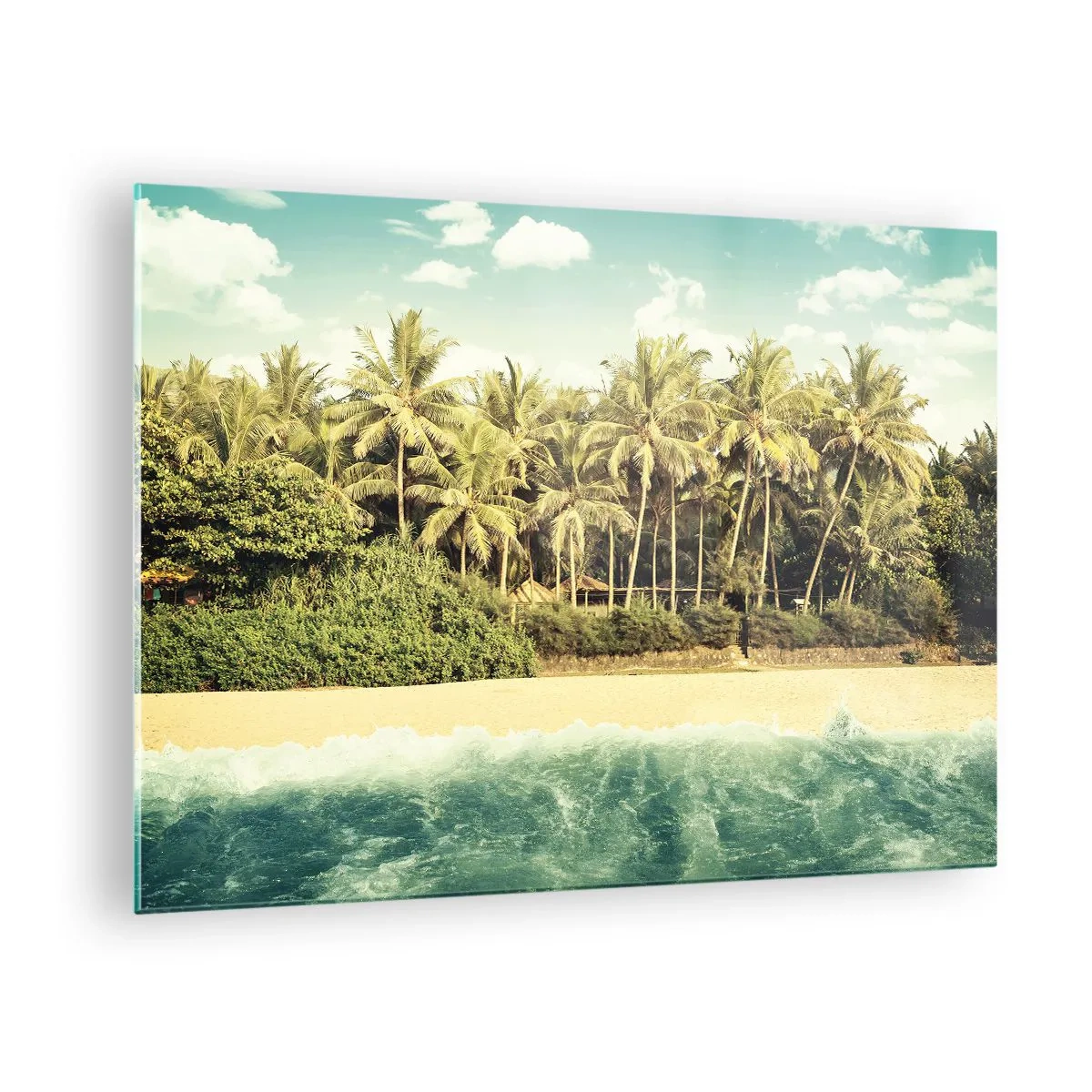 Impression sur verre - Image sur verre - Une plage exotique avec des palmiers et une mer turquoise par une journée ensoleillée - 70x50cm - Peut-être ici? - Décoration murale moderne pour le salon et la chambre ARTTOR