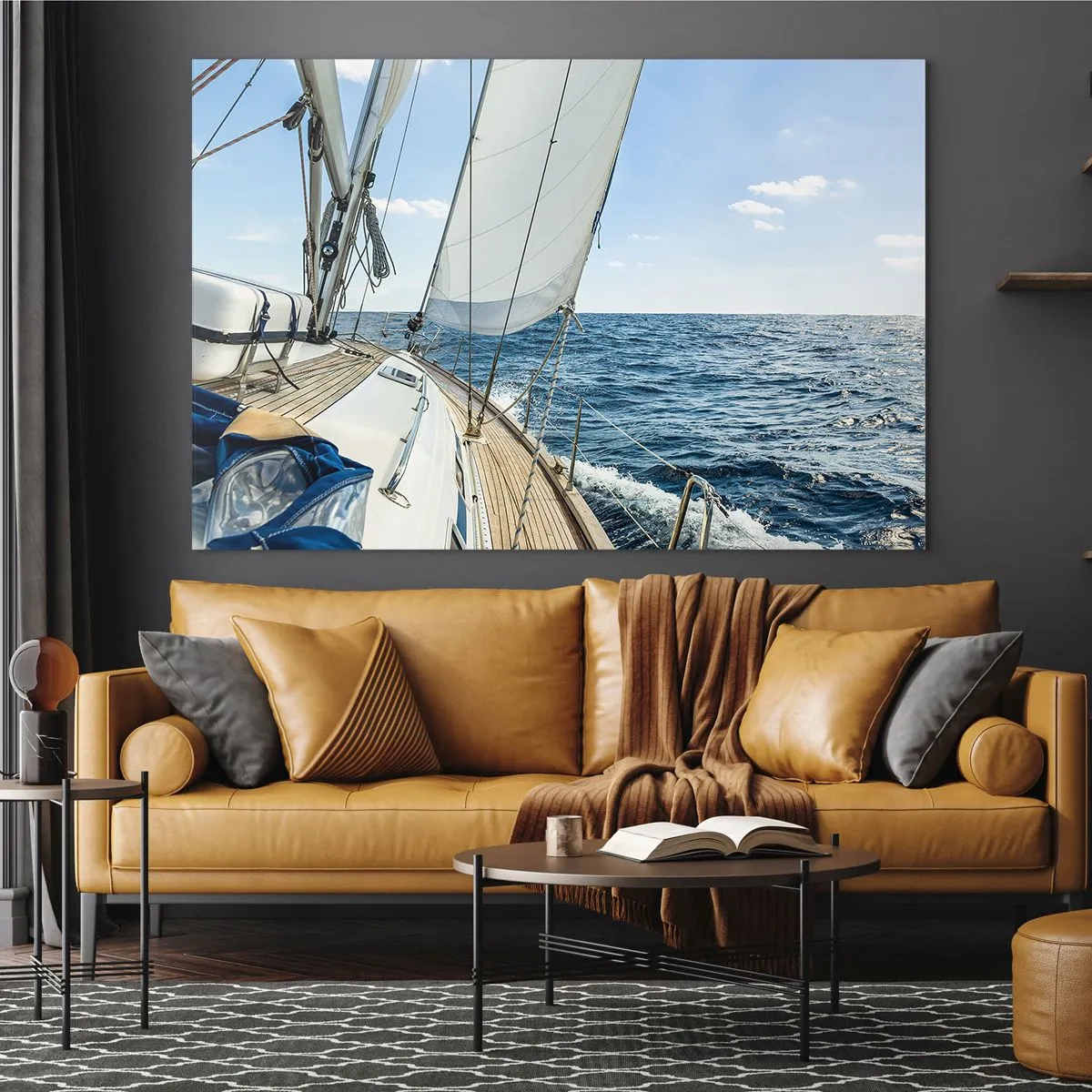Impression sur verre - Image sur verre - Un yacht en pleine mer avec ses voiles déployées - 100x70cm - Ohé, l'aventure - Décoration murale moderne pour le salon et la chambre ARTTOR