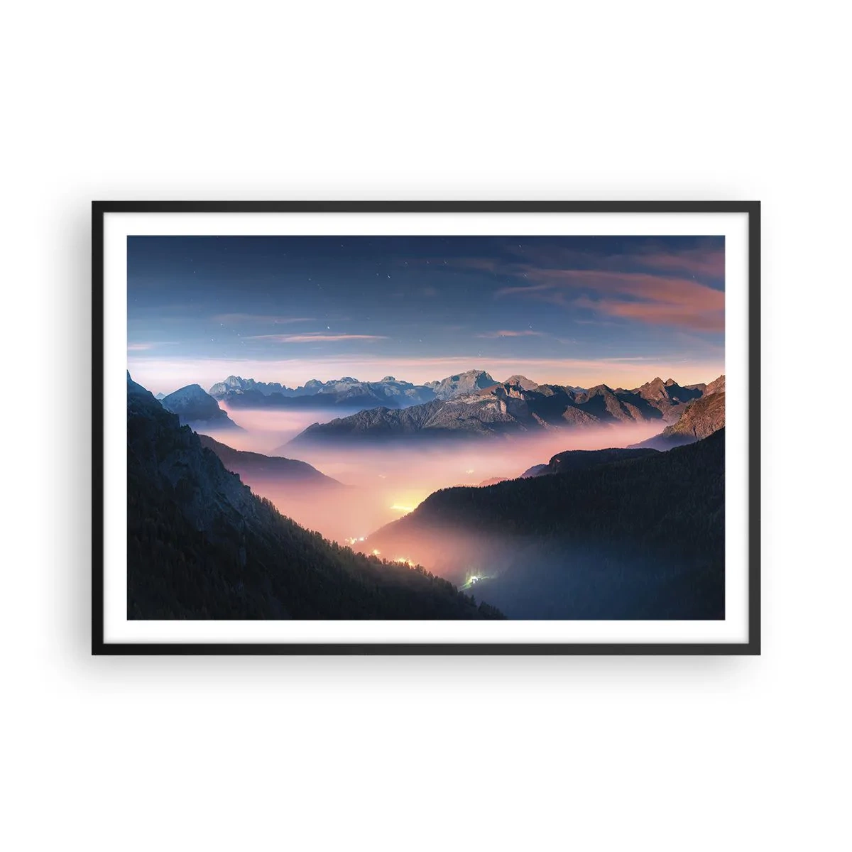 Affiche dans un cadre noir - Poster - Lumière dans les vallées - 91x61 cm