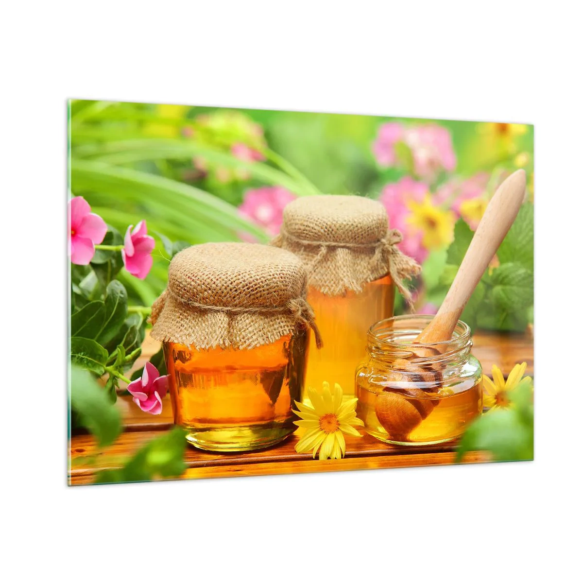 Impression sur verre - Image sur verre - Pots de miel sur fond de fleurs dans le jardin - 100x70cm - Doux et fleuri - Décoration murale moderne pour le salon et la chambre ARTTOR