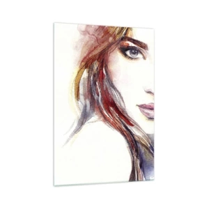 Impression sur verre - Image sur verre - Une aquarelle subtile du visage d'une femme au regard expressif. - 70x100cm - Vademecum - suivez-moi - Décoration murale moderne pour le salon et la chambre ARTTOR