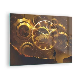 Impression sur verre - Image sur verre - Engrenages steampunk dorés avec rétroéclairage sur une silhouette humaine - 70x50cm - À la source du temps - Décoration murale moderne pour le salon et la chambre ARTTOR