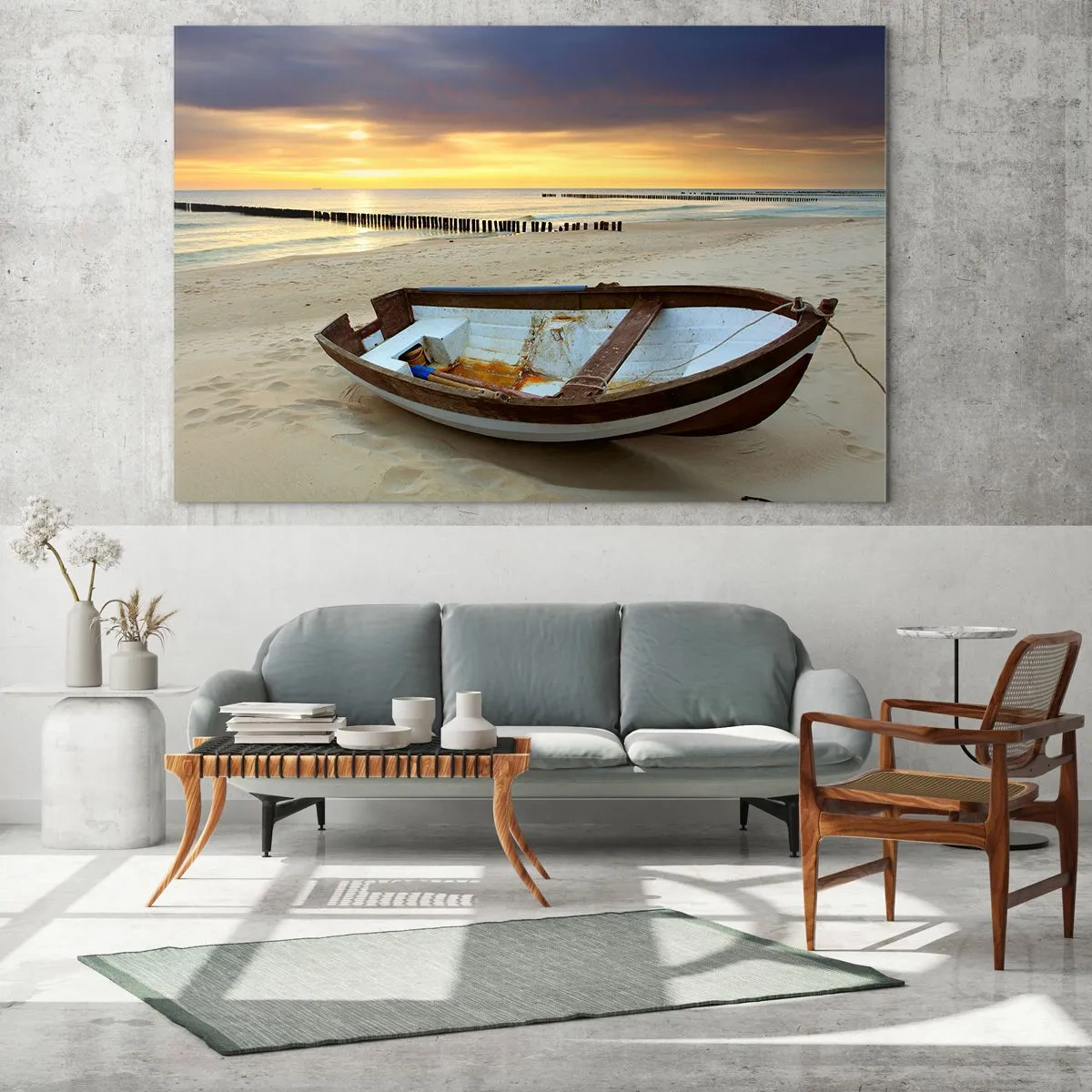 Impression sur verre - Image sur verre - Un bateau sur une plage de sable au lever du soleil - 120x80cm - Il n'y a pas de plus belles plages - Décoration murale moderne pour le salon et la chambre ARTTOR