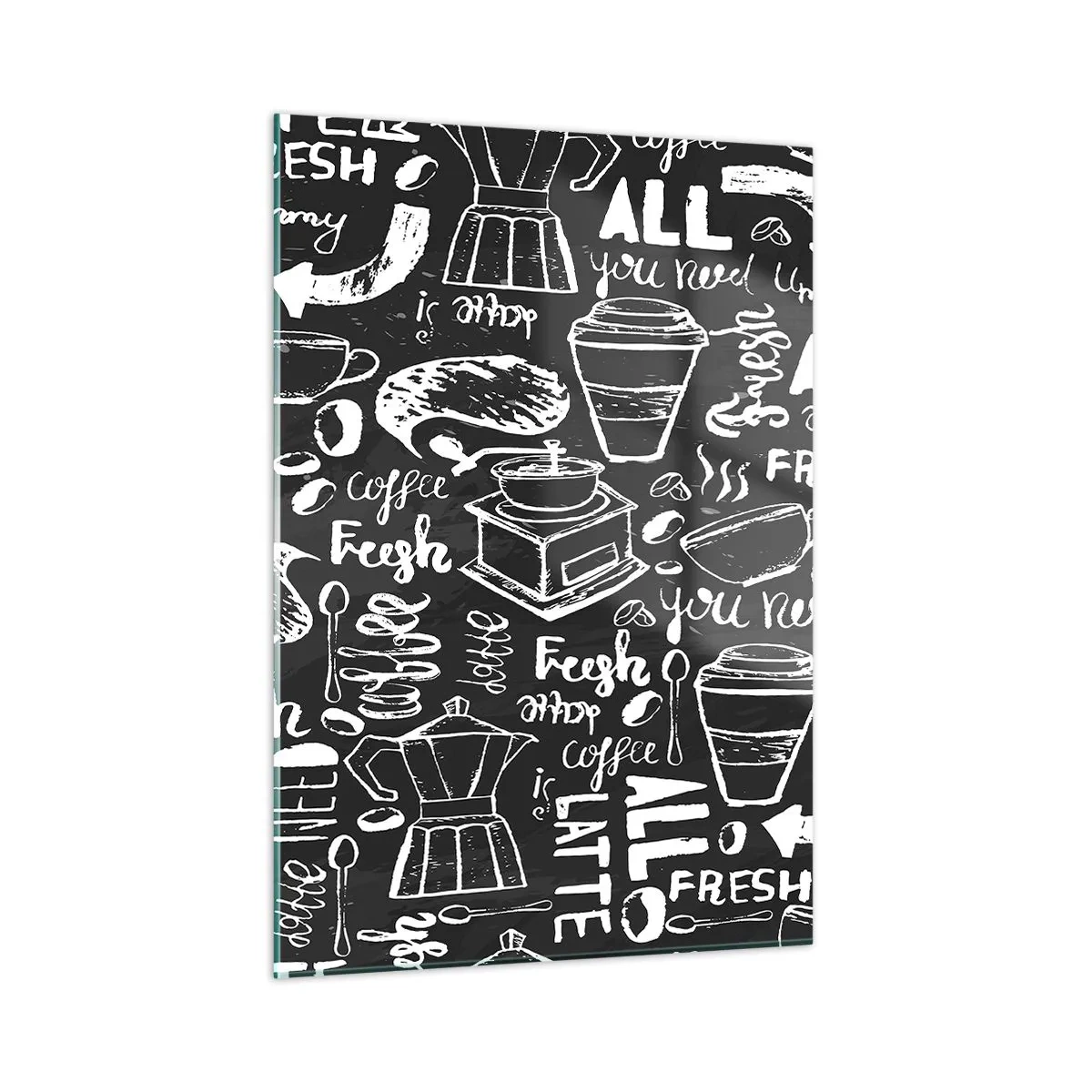 Impression sur verre - Image sur verre - Graphiques et lettrages de café sur fond noir dans un style rétro - 50x70cm - Tout ce dont tu as besoin c'est… - Décoration murale moderne pour le salon et la chambre ARTTOR