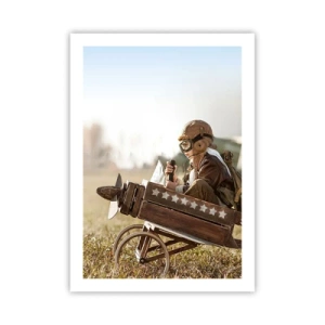 Affiche - Poster - Un enfant dans un avion en bois avec des étoiles en arrière-plan - 50x70cm - Départ vers un rêve - Décoration murale moderne pour le salon et la chambre ARTTOR