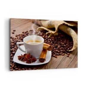 Impression sur toile - Image sur toile - Une tasse de café à la cannelle et à l'anis sur un fond de grains de café - 100x70cm - Saveur et arôme épicés - Décoration murale moderne pour le salon et la chambre ARTTOR