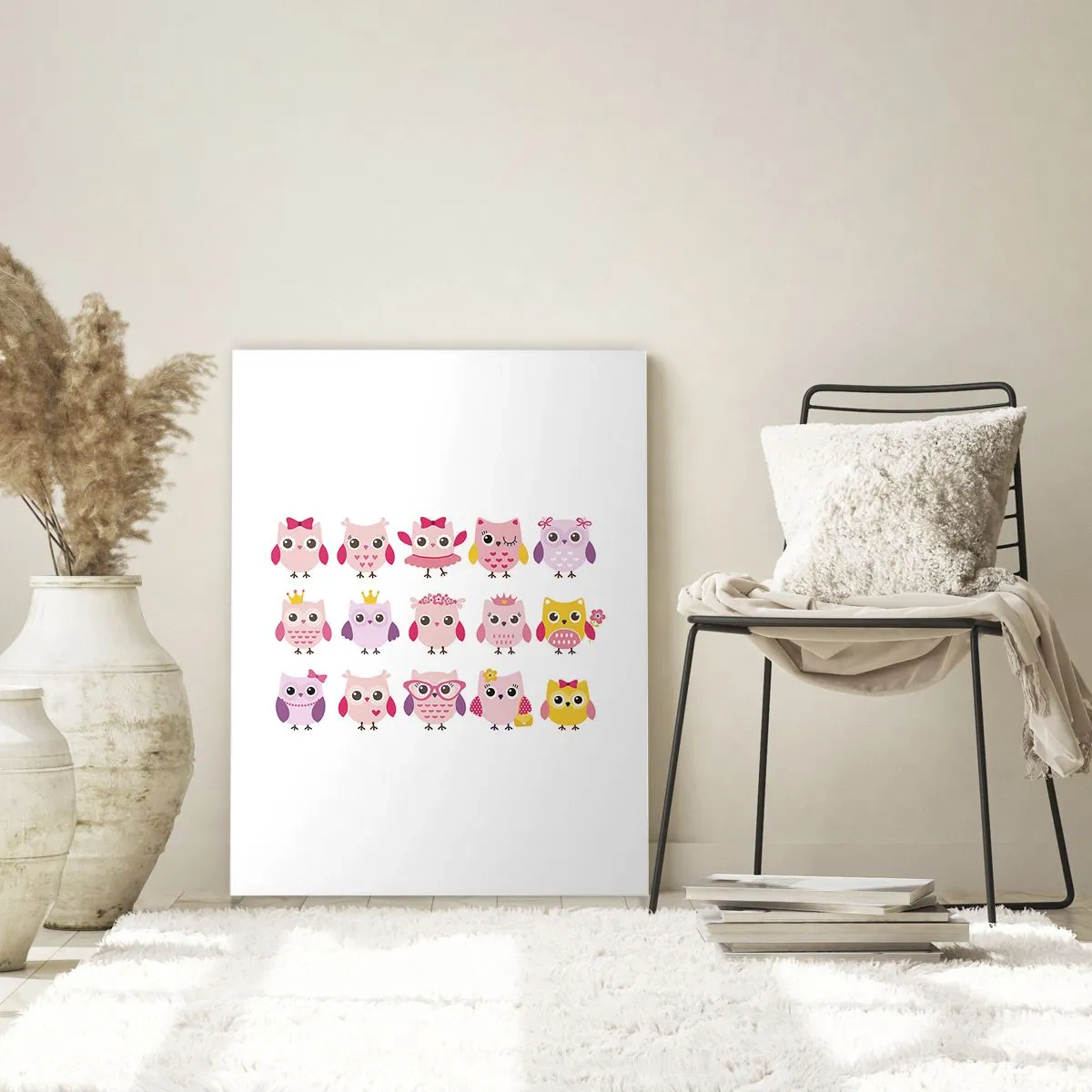 Impression sur verre - Image sur verre - Hiboux colorés aux motifs variés sur fond blanc - 50x70cm - L'un est plus doux que l'autre - Décoration murale moderne pour le salon et la chambre ARTTOR