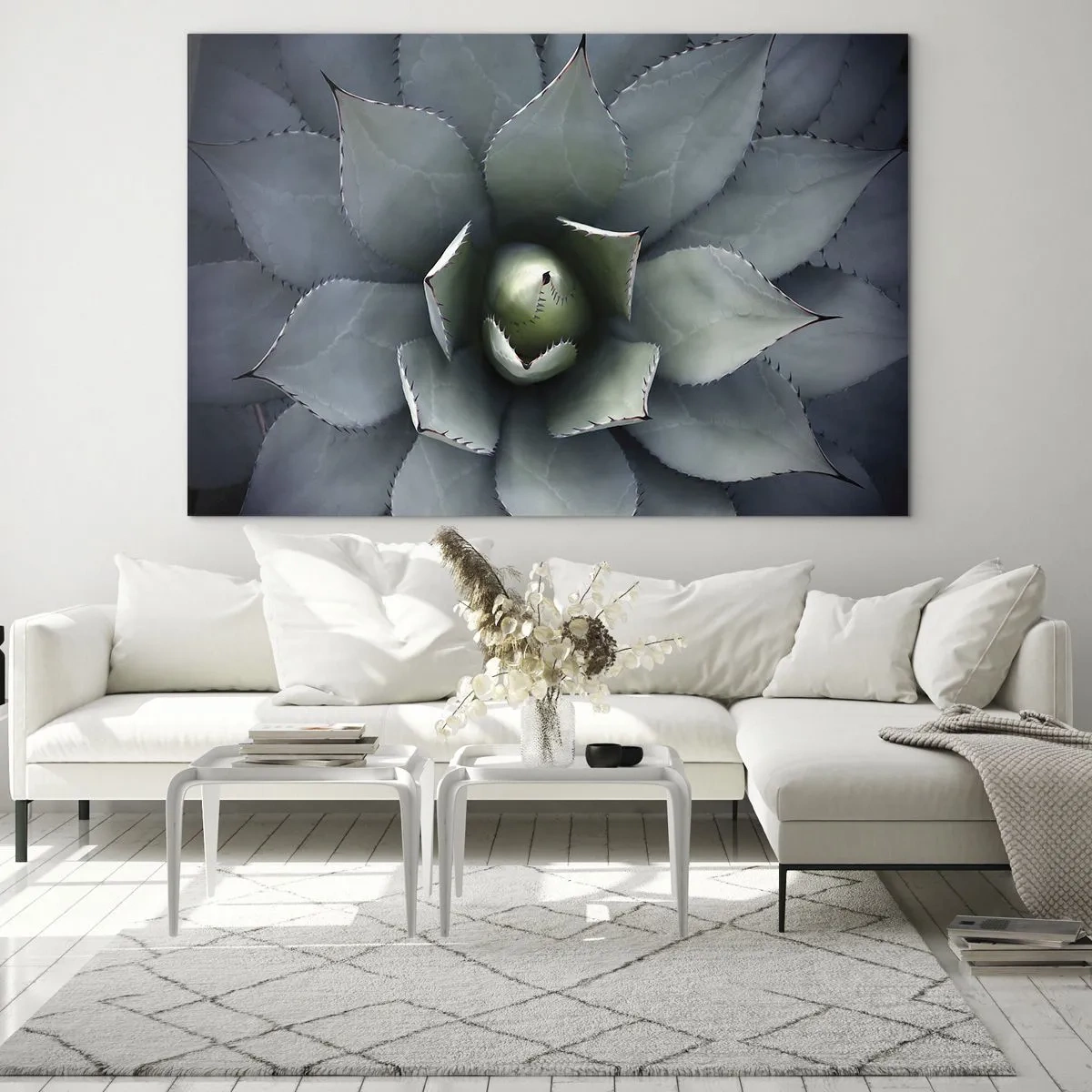 Impression sur verre - Image sur verre - Gros plan des feuilles d'agave symétriques de couleur acier. - 120x80cm - Wabi et observe - Décoration murale moderne pour le salon et la chambre ARTTOR