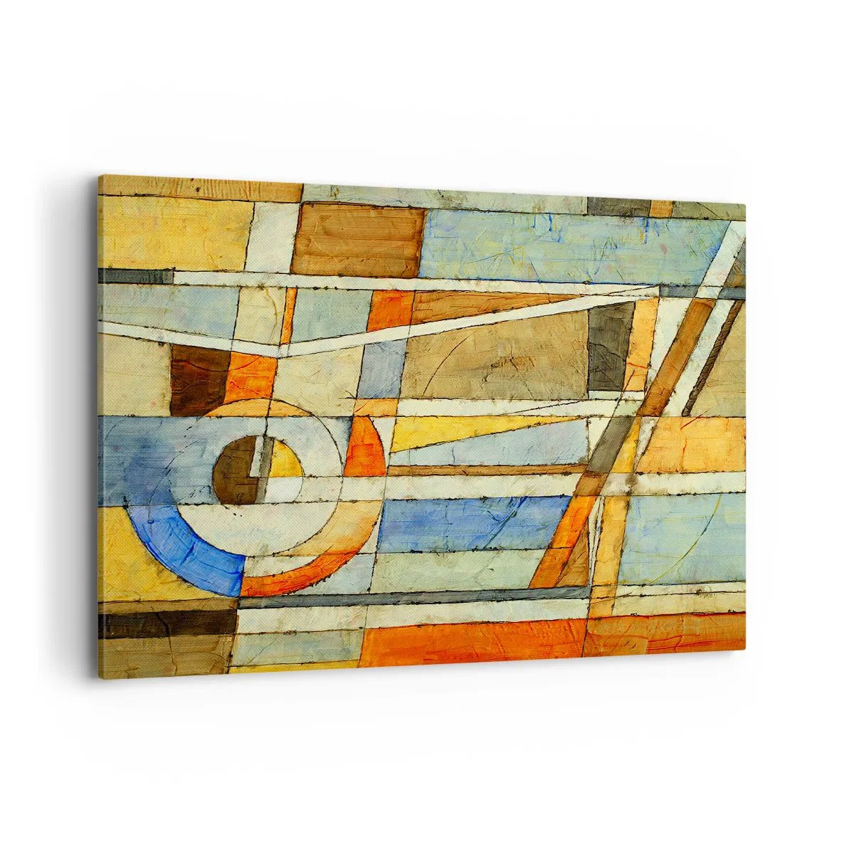 Impression sur toile - Image sur toile - Abstraction géométrique dans les tons beige, bleu et orange - 100x70cm - Cubisme sur le chantier - Décoration murale moderne pour le salon et la chambre ARTTOR