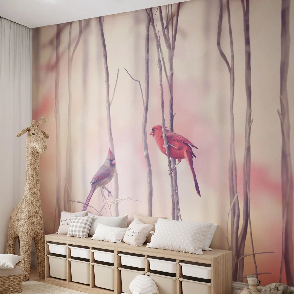 Papier Peint Autocollant Deluxe Sticker - Conte de la forêt rose - Oiseau, Nature, Forêt - 250x175 cm