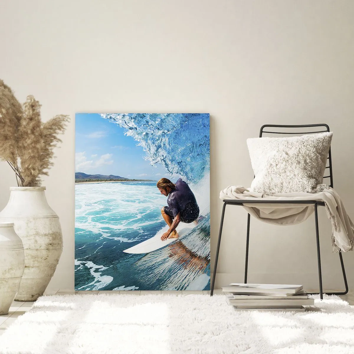 Impression sur verre - Image sur verre - Un surfeur dans une pose dynamique sur une vague dans une eau turquoise. - 80x120cm - Danse avec les vagues - Décoration murale moderne pour le salon et la chambre ARTTOR