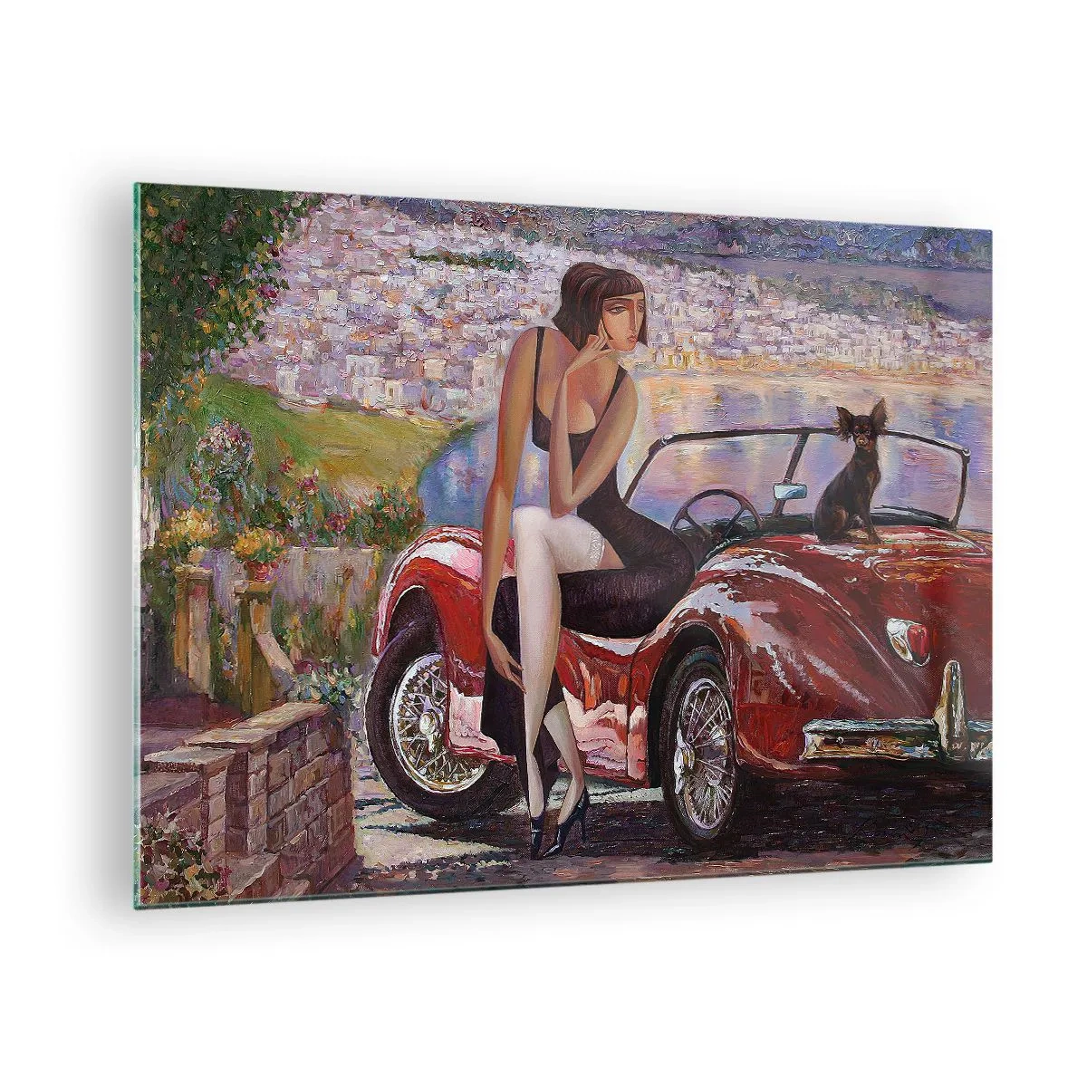 Impression sur verre - Image sur verre - Une femme et un chien près d'une voiture rouge avec un paysage en arrière-plan. - 70x50cm - L'été? Uniquement sur la Côte d'Azur - Décoration murale moderne pour le salon et la chambre ARTTOR