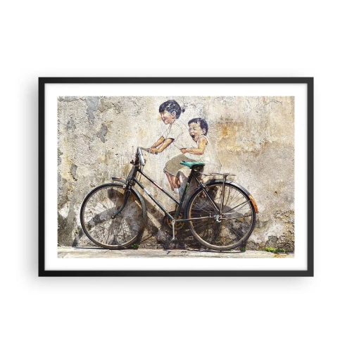 Affiche dans un cadre noir - Poster - Street art avec un vélo et des dessins d'enfants sur le mur - 70x50cm - Vrai ou faux? - Décoration murale moderne pour le salon et la chambre ARTTOR