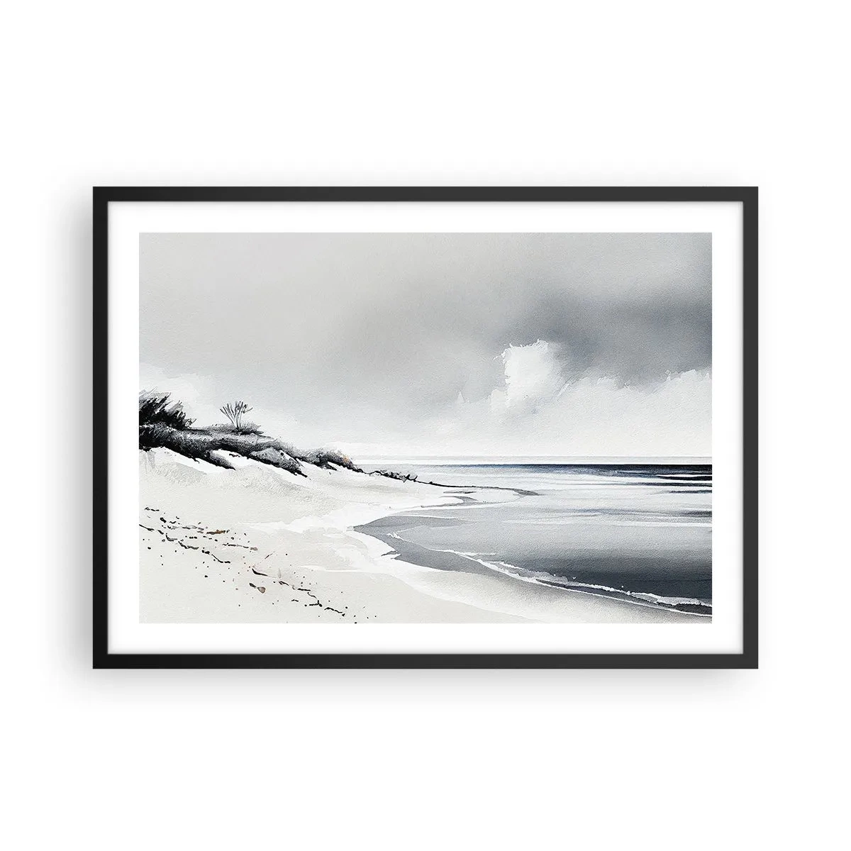Affiche dans un cadre noir - Poster - Une plage aux tons sobres de gris et de bleu - 70x50cm - Ensemble depuis toujours - Décoration murale moderne pour le salon et la chambre ARTTOR