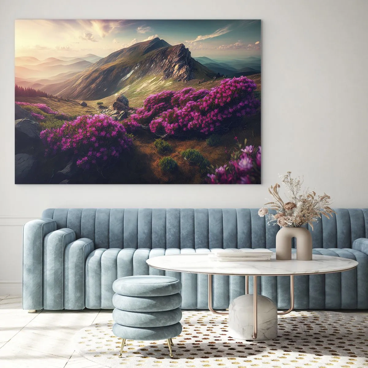 Impression sur verre - Image sur verre - Paysage de montagne d'été avec bruyère rose en fleurs - 120x80cm - L'été à la montagne - Décoration murale moderne pour le salon et la chambre ARTTOR