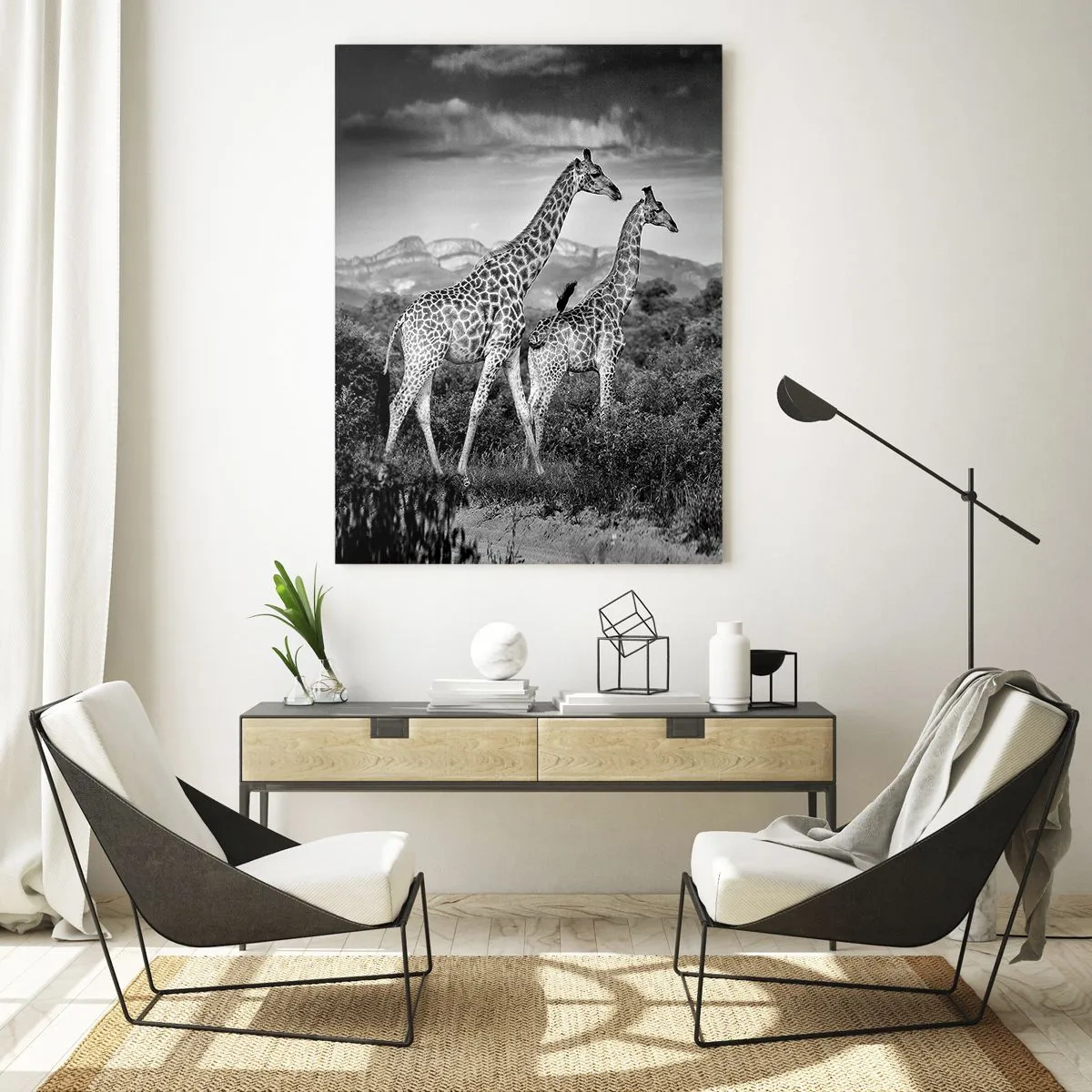 Impression sur verre - Image sur verre - Silhouettes noires et blanches de deux girafes dans la savane - 70x100cm - Hautes sphères en Afrique - Décoration murale moderne pour le salon et la chambre ARTTOR