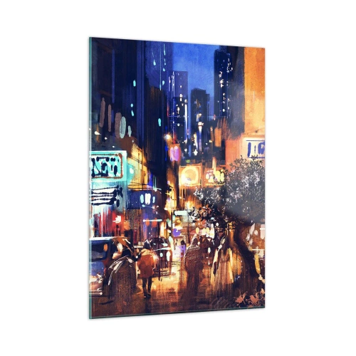 Impression sur verre - Image sur verre - Scène de ville nocturne pittoresque avec néons et circulation routière - 50x70cm - Et la ville ne dort pas - Décoration murale moderne pour le salon et la chambre ARTTOR
