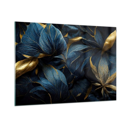 Impression sur verre - Image sur verre - Feuilles bleu foncé avec de subtils accents dorés - 100x70cm - Des dessous dorés - Décoration murale moderne pour le salon et la chambre ARTTOR