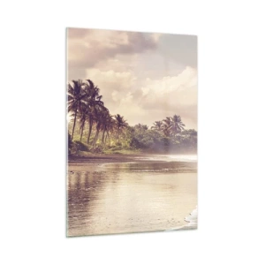 Impression sur verre - Image sur verre - Une plage dorée avec des palmiers et un océan calme dans la douce lumière - 50x70cm - La caresse des vagues - Décoration murale moderne pour le salon et la chambre ARTTOR