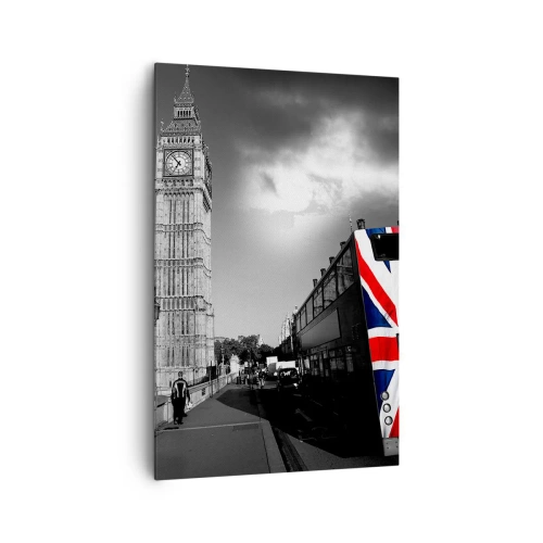 Impression sur toile - Image sur toile - Big Ben et un bus avec un drapeau britannique sur fond noir et blanc - 80x120cm - Fière et grande - Décoration murale moderne pour le salon et la chambre ARTTOR