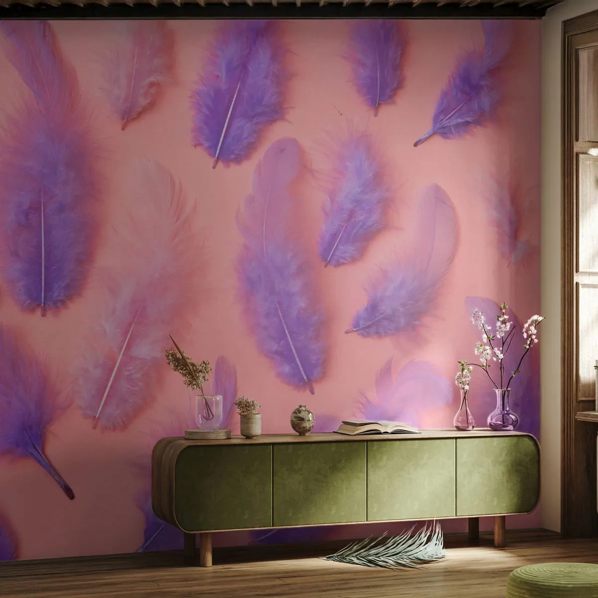 Papier Peint Photo Premium Sand - Oiseau de désir lilas - Plume d'oiseau, Inspiration, Graphique - 200x140 cm