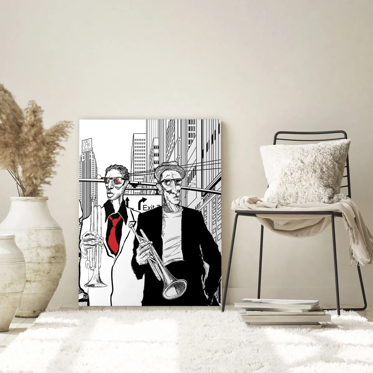 Impression sur verre - Image sur verre - Un groupe de jazz de rue au style graphique moderne. - 50x70cm - Rhapsodie urbaine en noir et rouge - Décoration murale moderne pour le salon et la chambre ARTTOR
