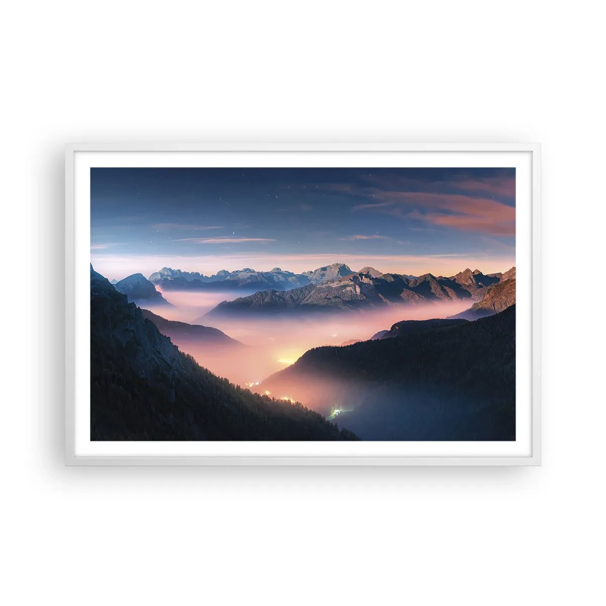 Affiche dans un cadre blanc - Poster - Lumière dans les vallées - 91x61 cm
