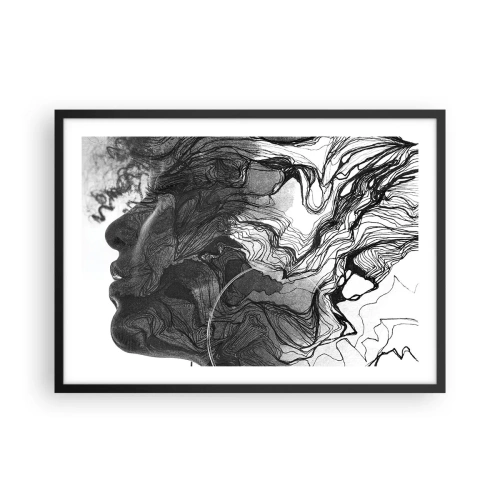 Affiche dans un cadre noir - Poster - Visage abstrait en noir et blanc avec des lignes dynamiques. - 70x50cm - Emmêlé dans les rêves - Décoration murale moderne pour le salon et la chambre ARTTOR