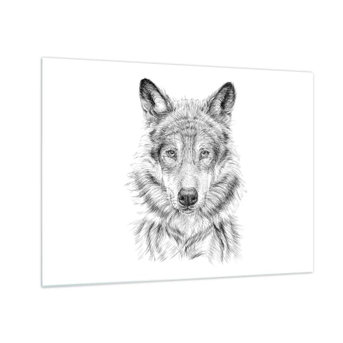 Impression sur verre - Image sur verre - Croquis noir et blanc d'une tête de loup sur fond blanc - 70x50cm - Un leader né - Décoration murale moderne pour le salon et la chambre ARTTOR