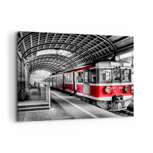 Impression sur toile - Image sur toile - Train rouge à la gare sous un toit - 100x70cm - C'est peut-être le voyage de votre vie ? - Décoration murale moderne pour le salon et la chambre ARTTOR