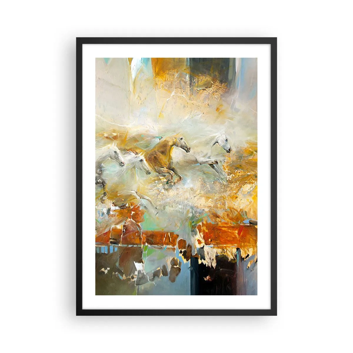Affiche dans un cadre noir - Poster - Chevaux au galop dans un décor abstrait - 50x70cm - Au galop vers la lumière - Décoration murale moderne pour le salon et la chambre ARTTOR