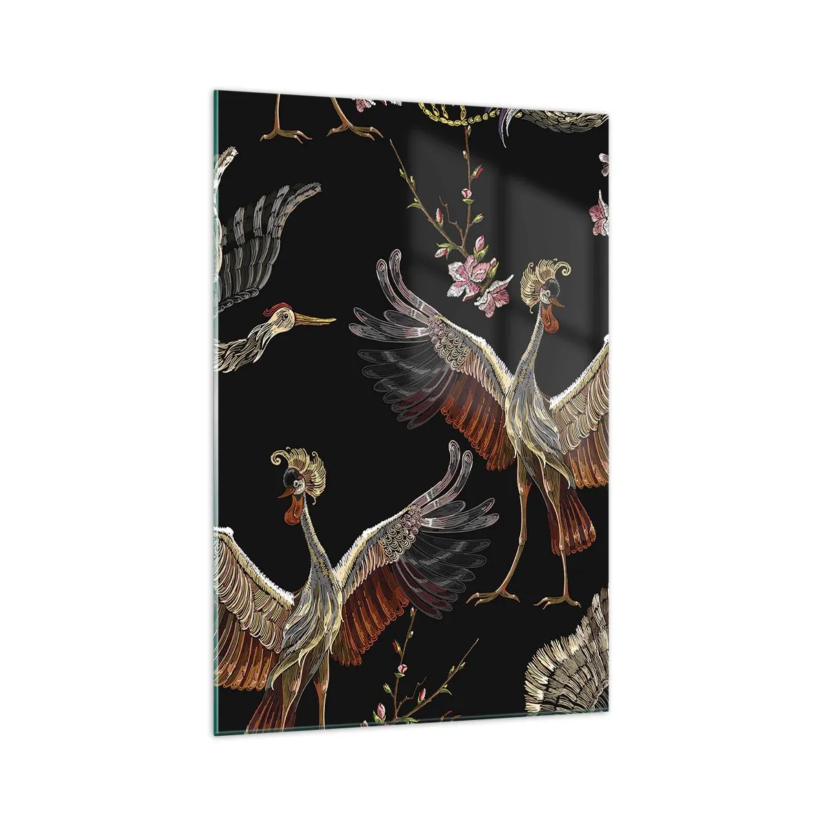 Impression sur verre - Image sur verre - Grues et fleurs élégantes sur fond noir - 70x100cm - Un oiseau de conte de fées - Décoration murale moderne pour le salon et la chambre ARTTOR