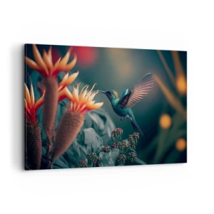 Impression sur toile - Image sur toile - Un colibri coloré parmi des fleurs sur un fond naturel - 120x80cm - une vie vraiment colorée - Décoration murale moderne pour le salon et la chambre ARTTOR