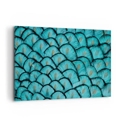 Impression sur toile - Image sur toile - Un motif ressemblant à des écailles turquoise avec des accents dorés - 120x80cm - Le grand gala des plumes - Décoration murale moderne pour le salon et la chambre ARTTOR