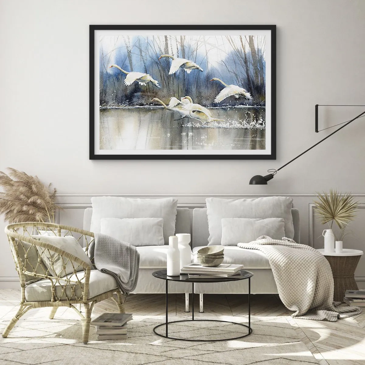 Affiche dans un cadre noir - Poster - Comme dans un conte de fées sur les cygnes sauvages - 50x40 cm
