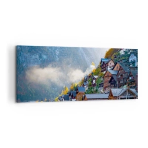 Impression sur toile - Image sur toile - Un village de montagne au bord d'un lac dans un paysage d'automne - 120x50cm - Ambiance alpine - Décoration murale moderne pour le salon et la chambre ARTTOR