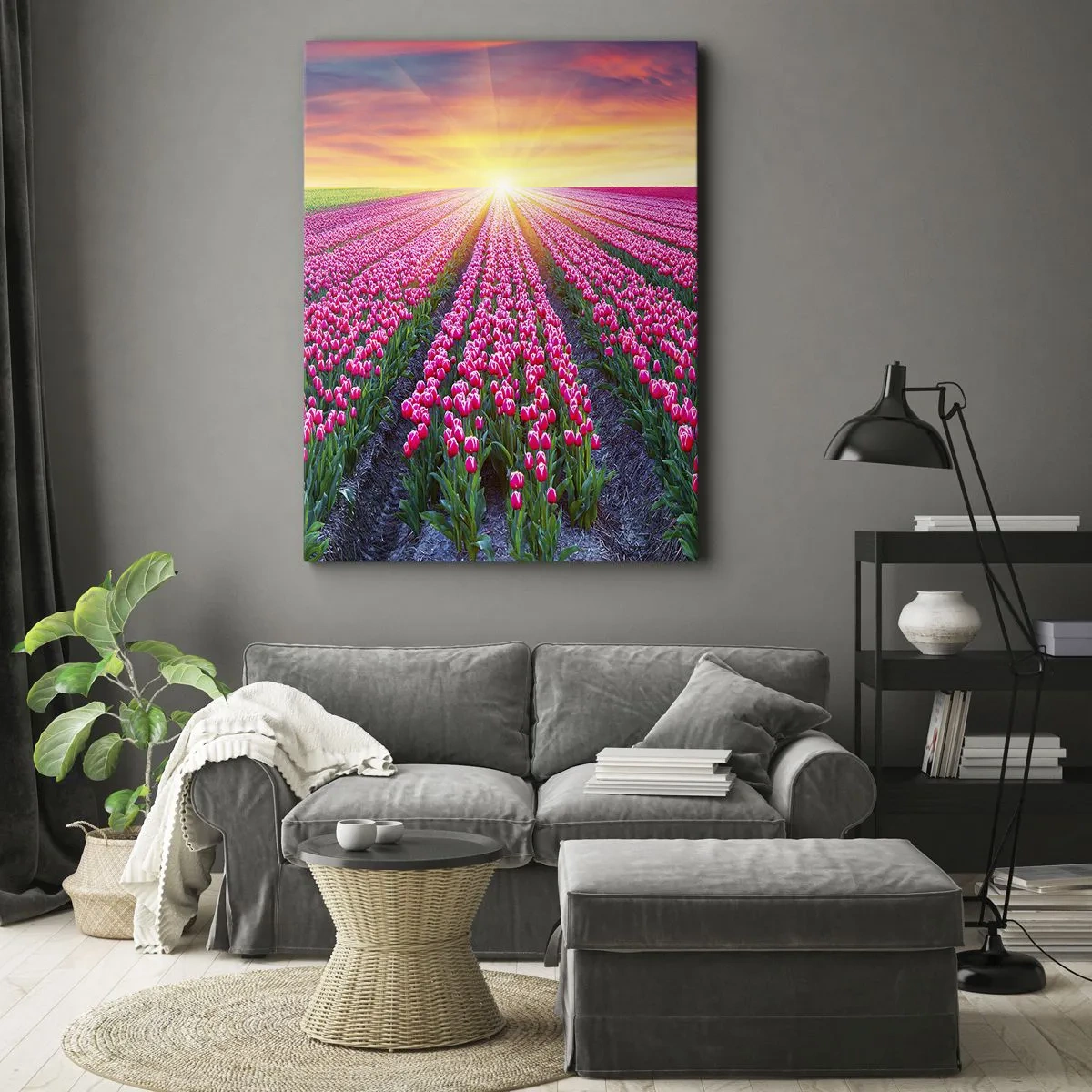 Impression sur toile - Image sur toile - Un champ de tulipes au coucher du soleil - 50x70cm - Ferme de la beauté - Décoration murale moderne pour le salon et la chambre ARTTOR