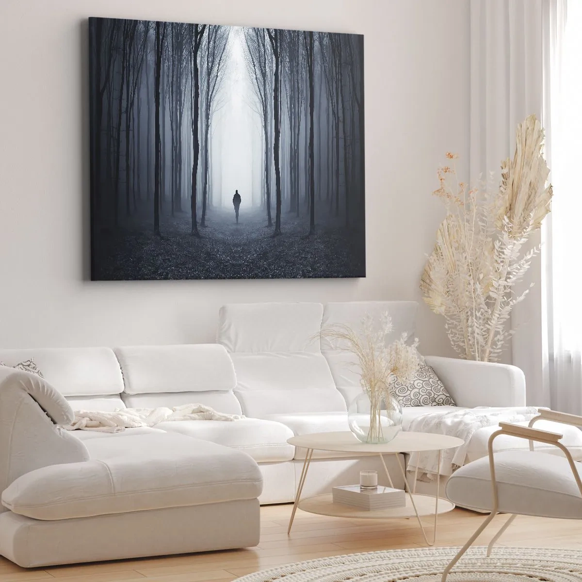Impression sur toile - Image sur toile - Une silhouette marchant parmi les arbres dans une forêt brumeuse - 120x80cm - Tout est simple et clair - Décoration murale moderne pour le salon et la chambre ARTTOR