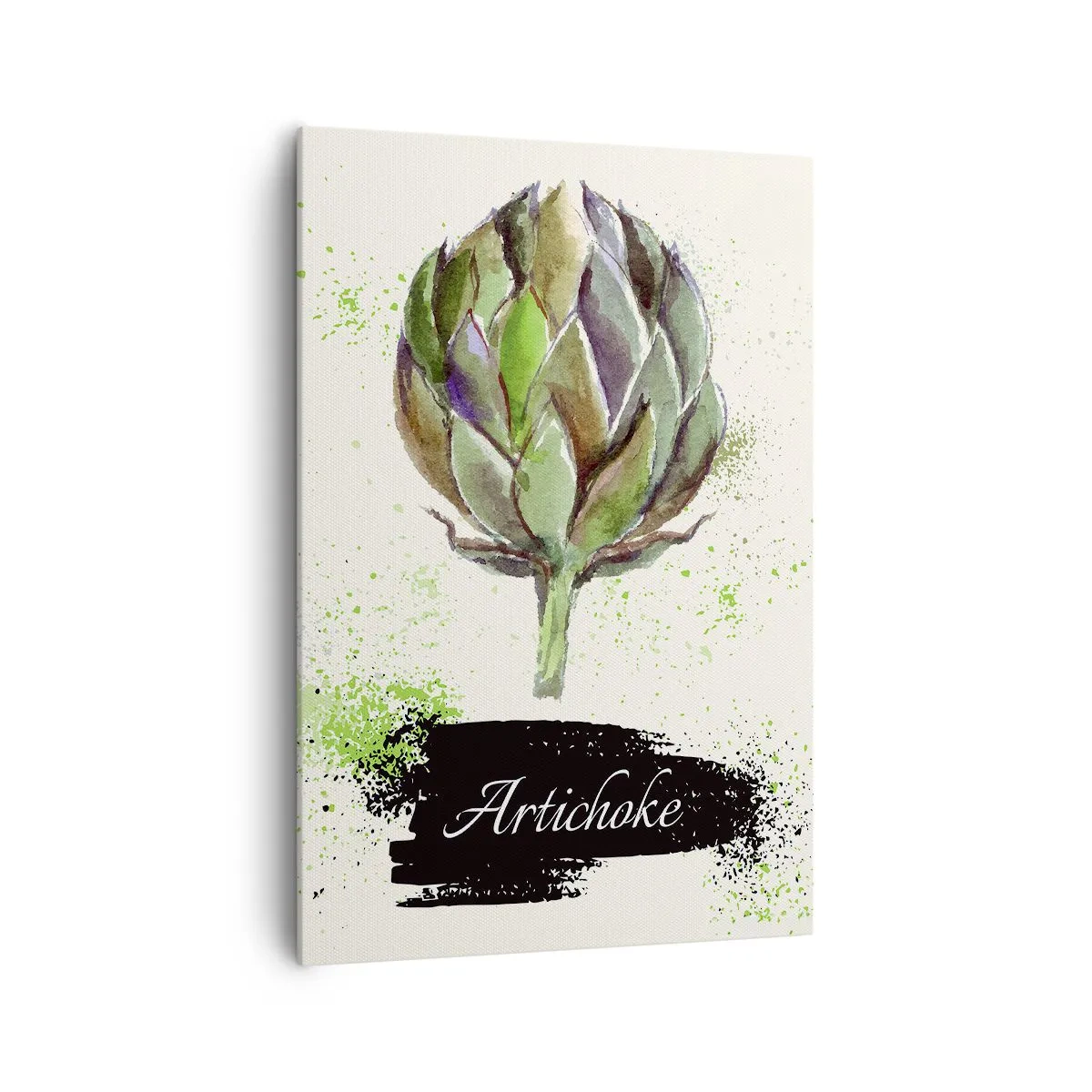 Impression sur toile - Image sur toile - Artichaut à l'aquarelle avec texte sur fond clair aux accents verts - 70x100cm - Vive les légumes! - Décoration murale moderne pour le salon et la chambre ARTTOR