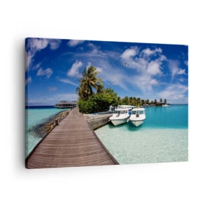 Impression sur toile - Image sur toile - Une jetée sur une mer turquoise avec des bateaux et des palmiers - 70x50cm - Et cependant, le paradis existe bien - Décoration murale moderne pour le salon et la chambre ARTTOR
