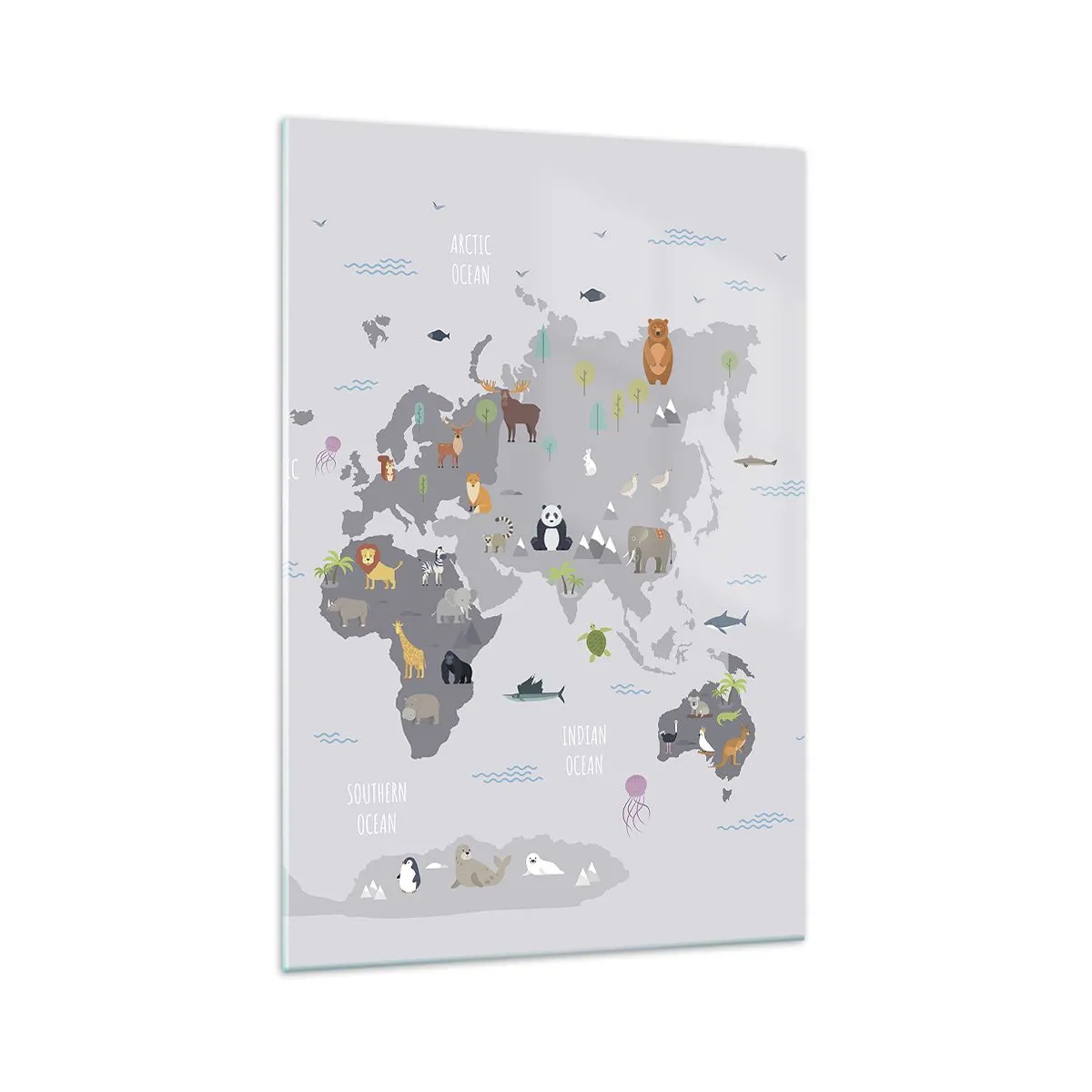 Impression sur verre - Image sur verre - Une carte du monde avec des illustrations d'animaux sur fond gris - 70x100cm - Dis-moi d'où tu viens... - Décoration murale moderne pour le salon et la chambre ARTTOR