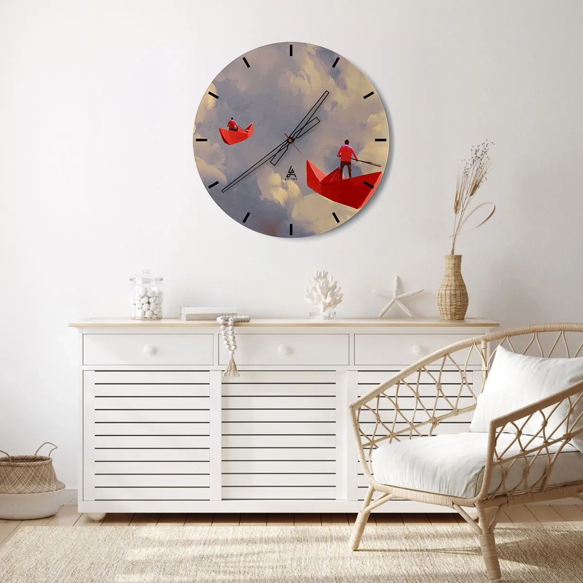 Horloge murale - Pendule murale - Deux bateaux rouges contre un ciel nuageux - 30x30cm - Expédition des Rêveurs - Décoration murale moderne pour le salon, la cuisine et la chambre ARTTOR