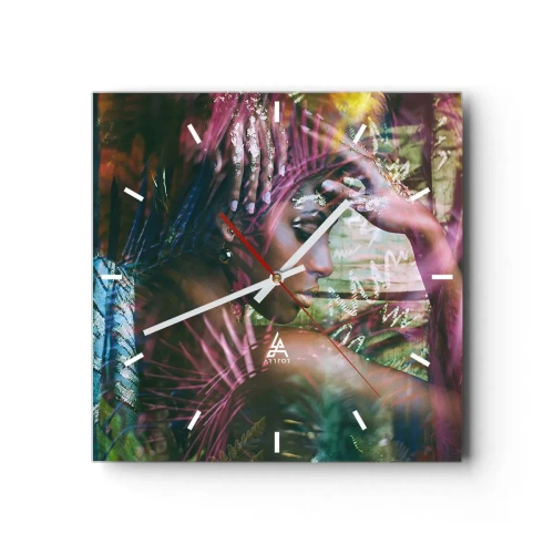 Horloge murale - Pendule murale - Portrait d'une femme entourée d'une végétation exotique - 30x30cm - Dame Nature dans la jungle - Décoration murale moderne pour le salon et la chambre ARTTOR
