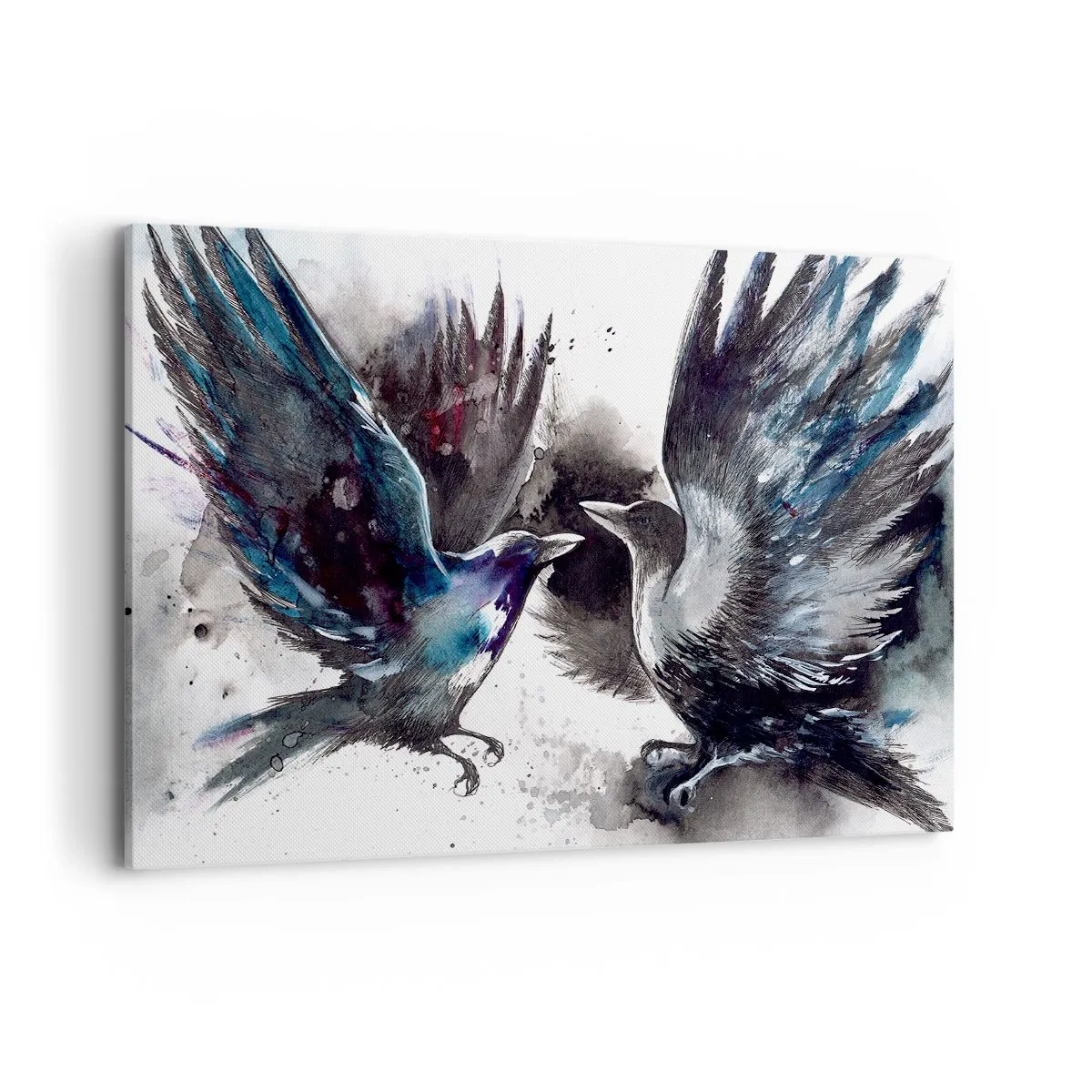 Impression sur toile - Image sur toile - Corbeaux artistiques dans une composition aquarelle dynamique - 120x80cm - Le corbeau des corbeaux - Décoration murale moderne pour le salon et la chambre ARTTOR