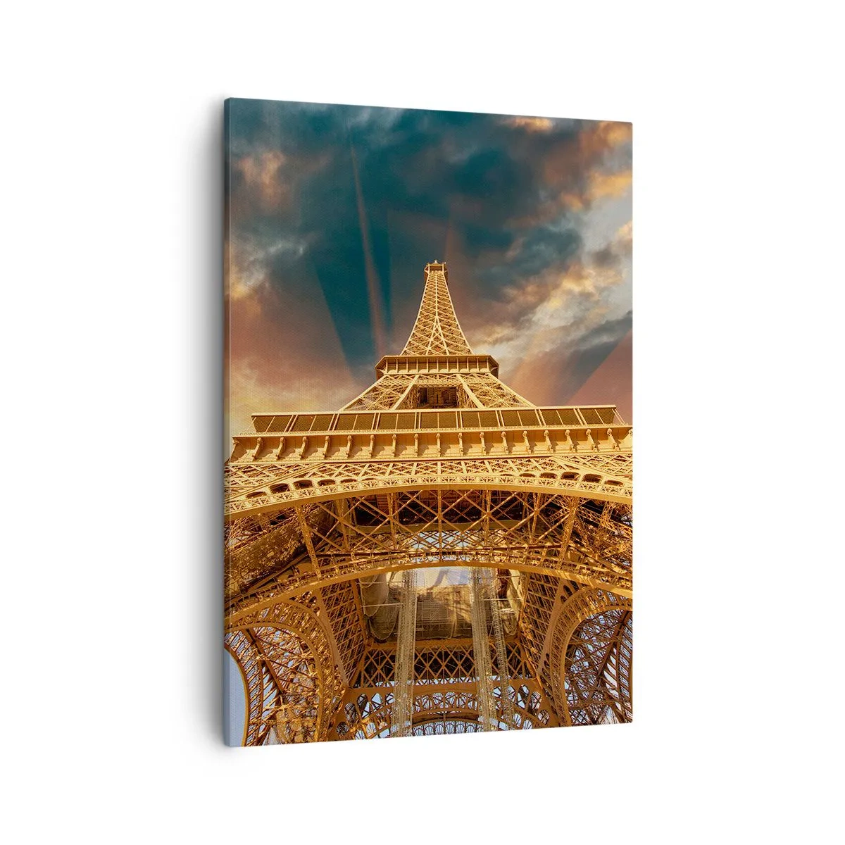 Impression sur toile - Image sur toile - La Tour Eiffel vue d'en bas sur fond de soleil couchant - 50x70cm - Comment l'humanité a atteint le ciel - Décoration murale moderne pour le salon et la chambre ARTTOR