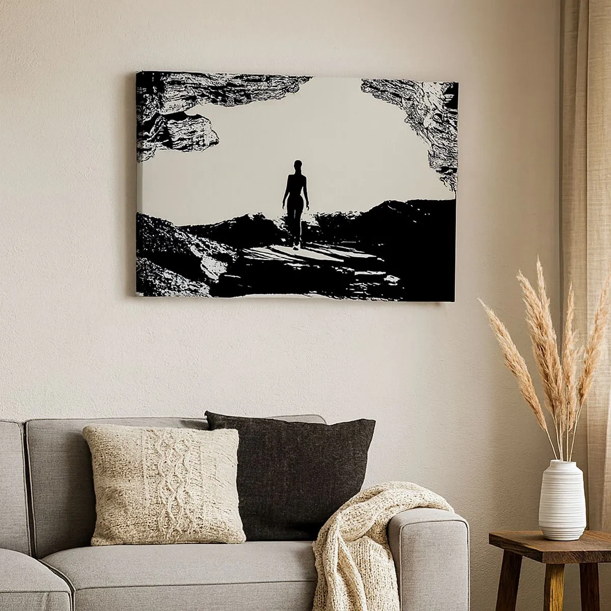 Impression sur toile - Image sur toile - Silhouette noire et blanche d'une femme dans une grotte contre le ciel - 70x50cm - Nouveau look - Décoration murale moderne pour le salon et la chambre ARTTOR