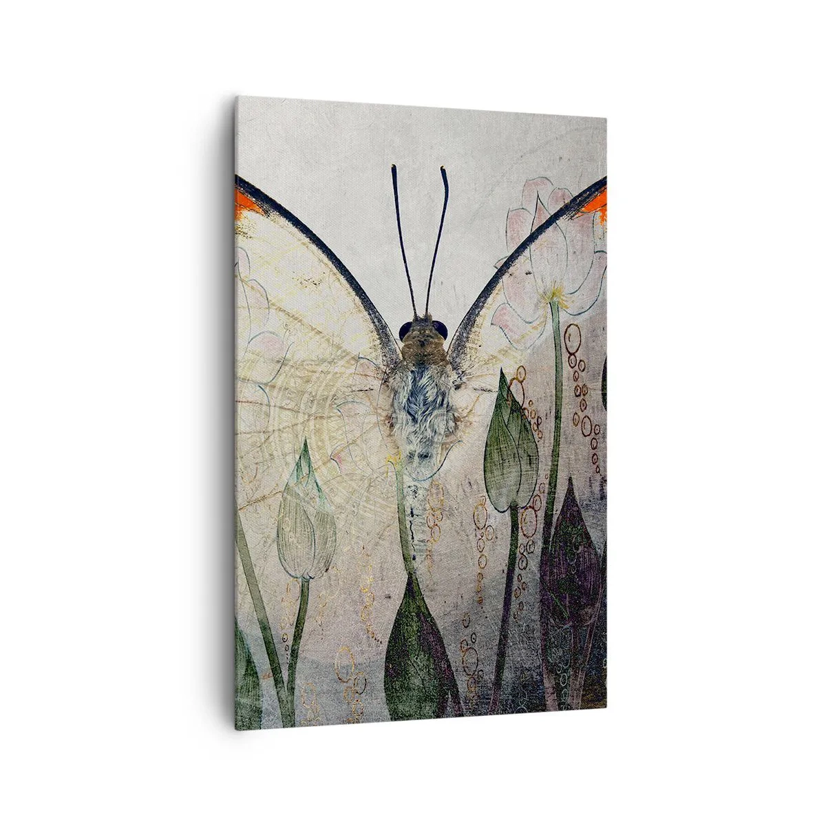 Impression sur toile - Image sur toile - Un papillon aux ailes orange sur un fond de fleurs stylisées. - 80x120cm - "Où est le papillon qui se balance sur l'herbe" - Décoration murale moderne pour le salon et la chambre ARTTOR