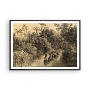 Affiche dans un cadre noir - Poster - Dessin d'une jungle avec un bateau sur une rivière - 100x70cm - Expédition à la source - Décoration murale moderne pour le salon et la chambre ARTTOR