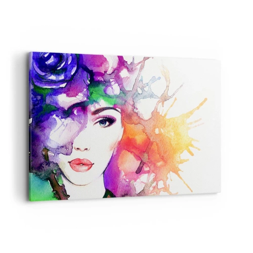 Impression sur toile - Image sur toile - Portrait d'une femme aux couleurs aquarelles avec des taches abstraites - 120x80cm - Avec la tête dans les nuages - Décoration murale moderne pour le salon et la chambre ARTTOR